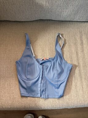 Sky Blue Ribbed Crop Top with Front Hook Closure